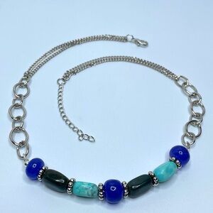 Boho Green Blue Gemstone Beaded Bar Silvertone Chain Necklace Chunky Statement
